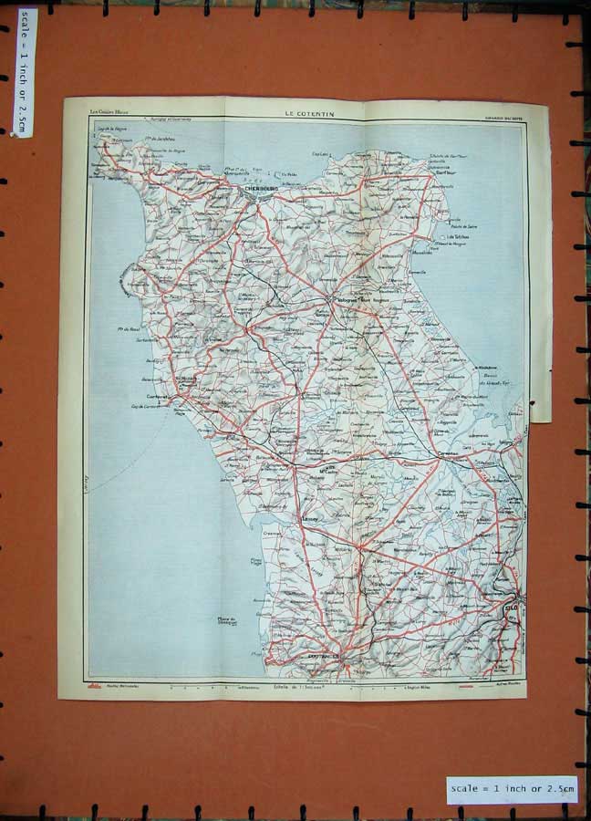 Old Vintage Print 1933 Colour Map France Cherbourg Coutances Silo Lessay 20th