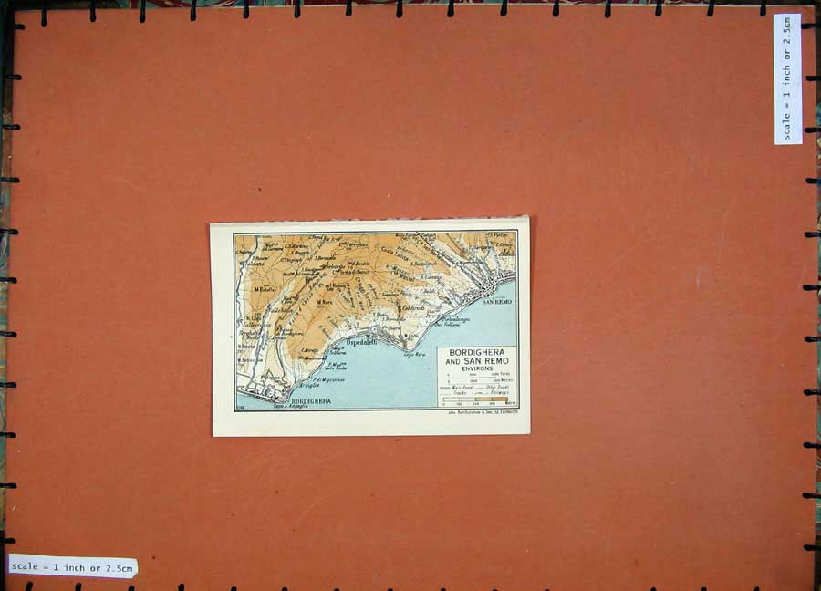 Old Vintage Print 1937 Colour Map Italy Bordighera San Remo Ospedaletti 20th