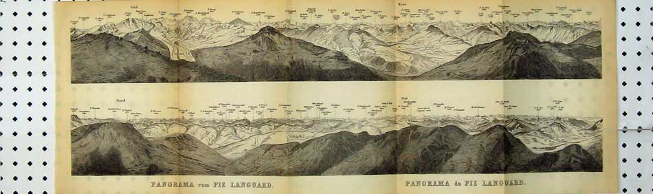 Original Old Antique Print 1899 Panorama Mountains Piz Languard Switzerland Map