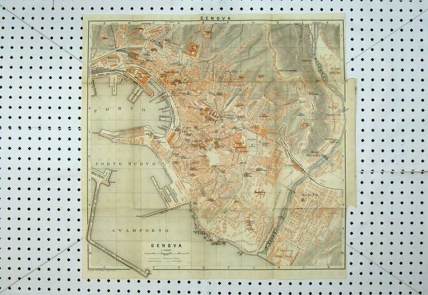 Old Antique Print C1900 Colour Map Italy Street Plan Genova Porto Nuovo 20th