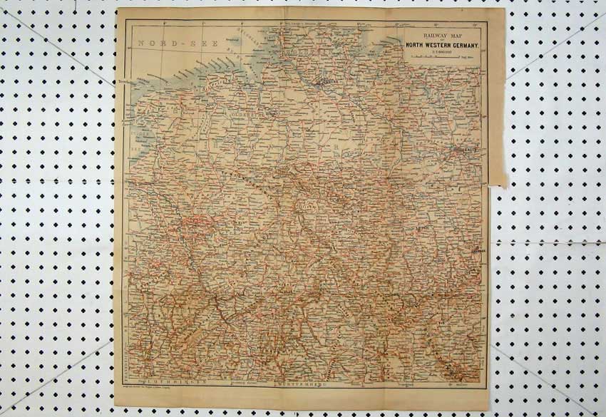 Old Antique Print Colour Map Railway North Western Germany Leipzig Berlin