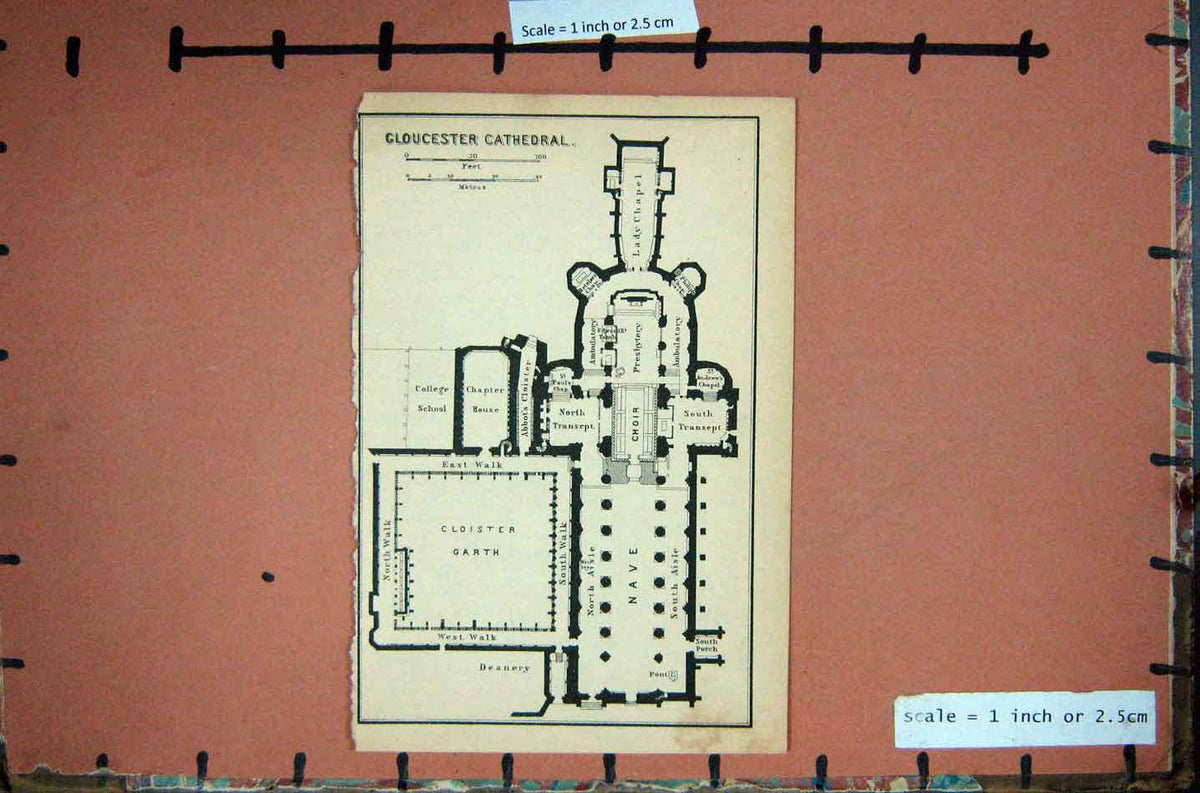 Old Antique Print Map Britain Plan Gloucester Cathedral Deanery England