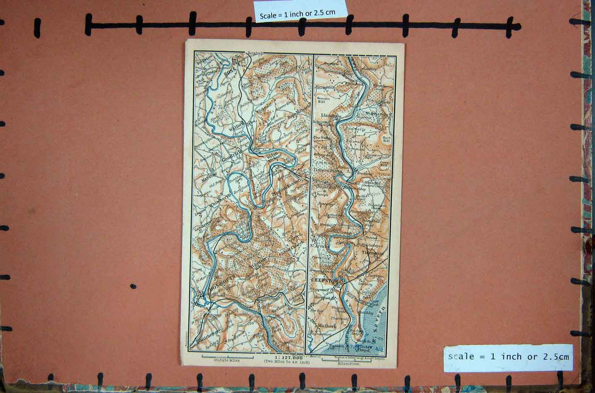 Original Old Antique Print Map Britain Chepstow Walford Monmouth England
