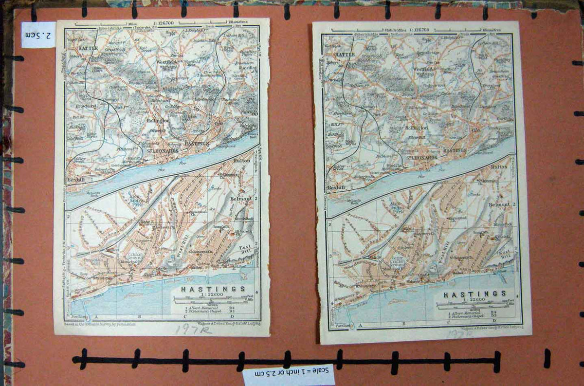 Original Old Antique Print Map Britain Street Plan Hastings Battle St. Leonards
