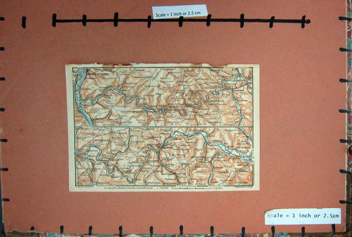 Original Old Antique Print Map 1910 Rhine Nassau Wielburg Wetzlar Lumburg Diez