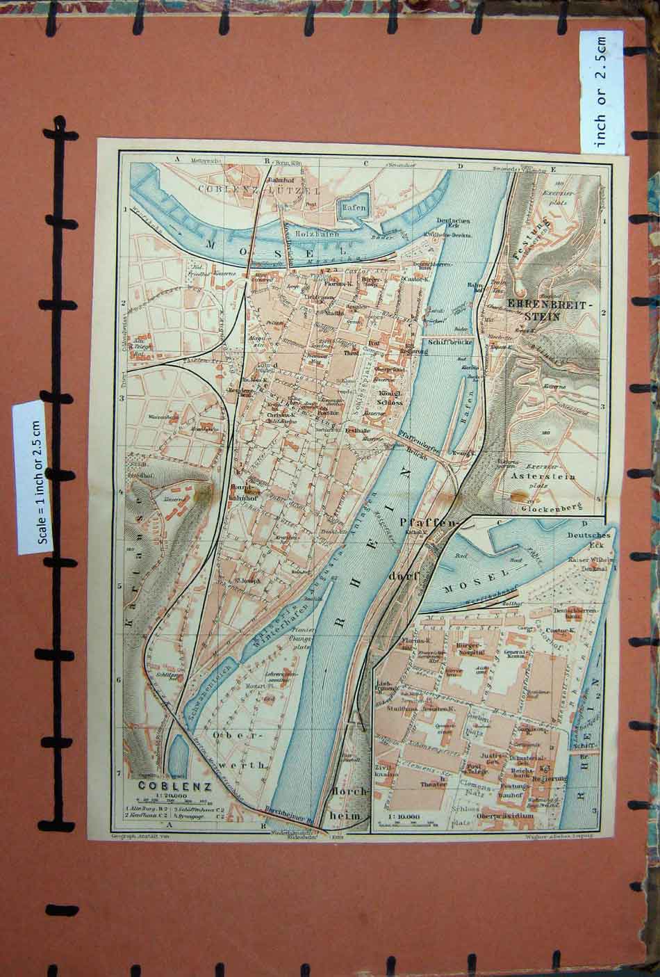 Original Old Antique Print Map 1910 Rhine Street Plan Town Coblenz Mosel River