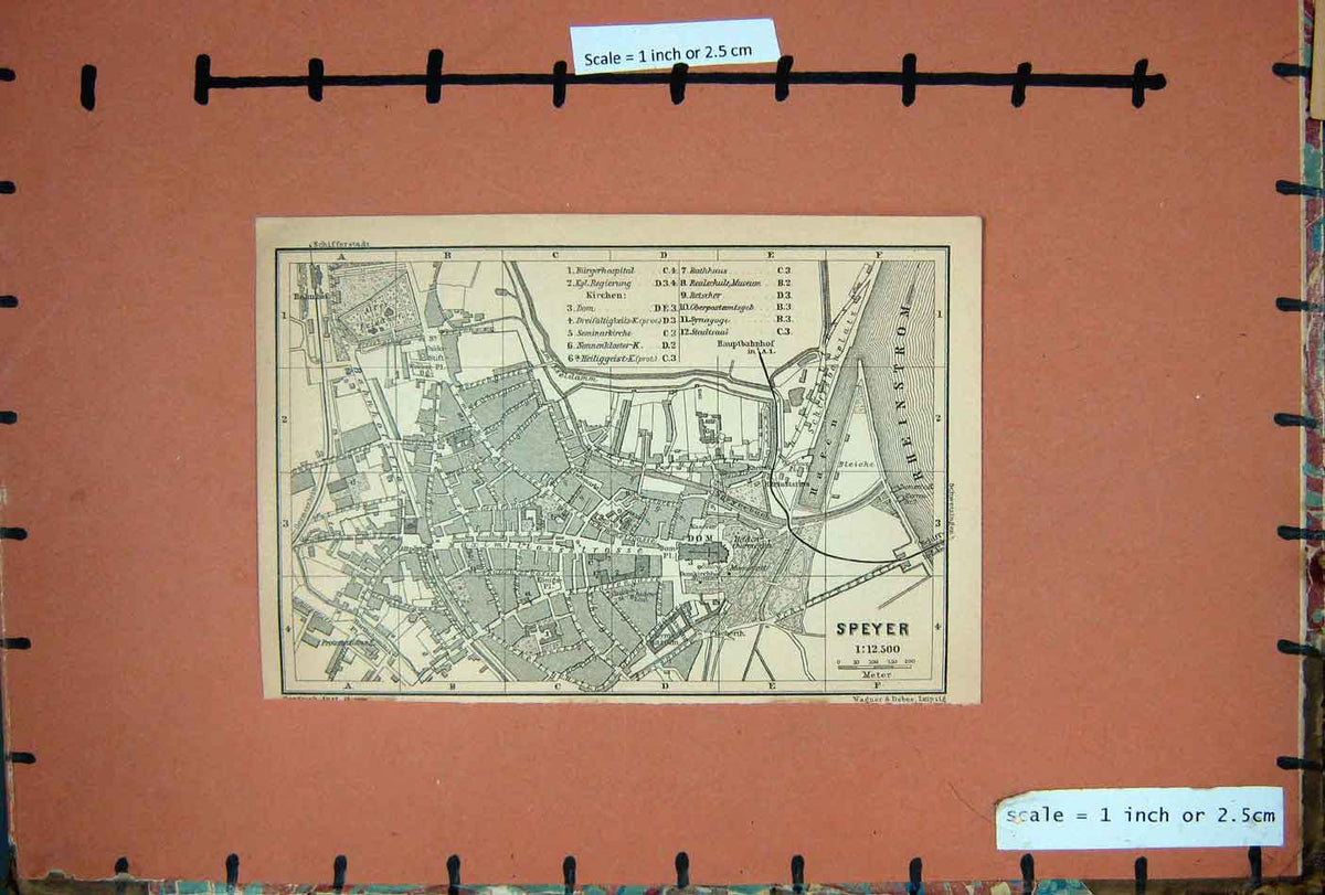 Original Old Antique Print Map 1900 Rhine Street Plan Town Speyer River Dom