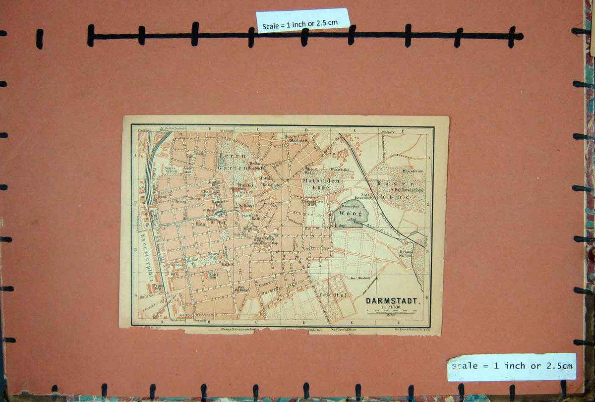 Original Old Antique Print Map 1900 Rhine Street Plan Town Darmstadt Woog 20th