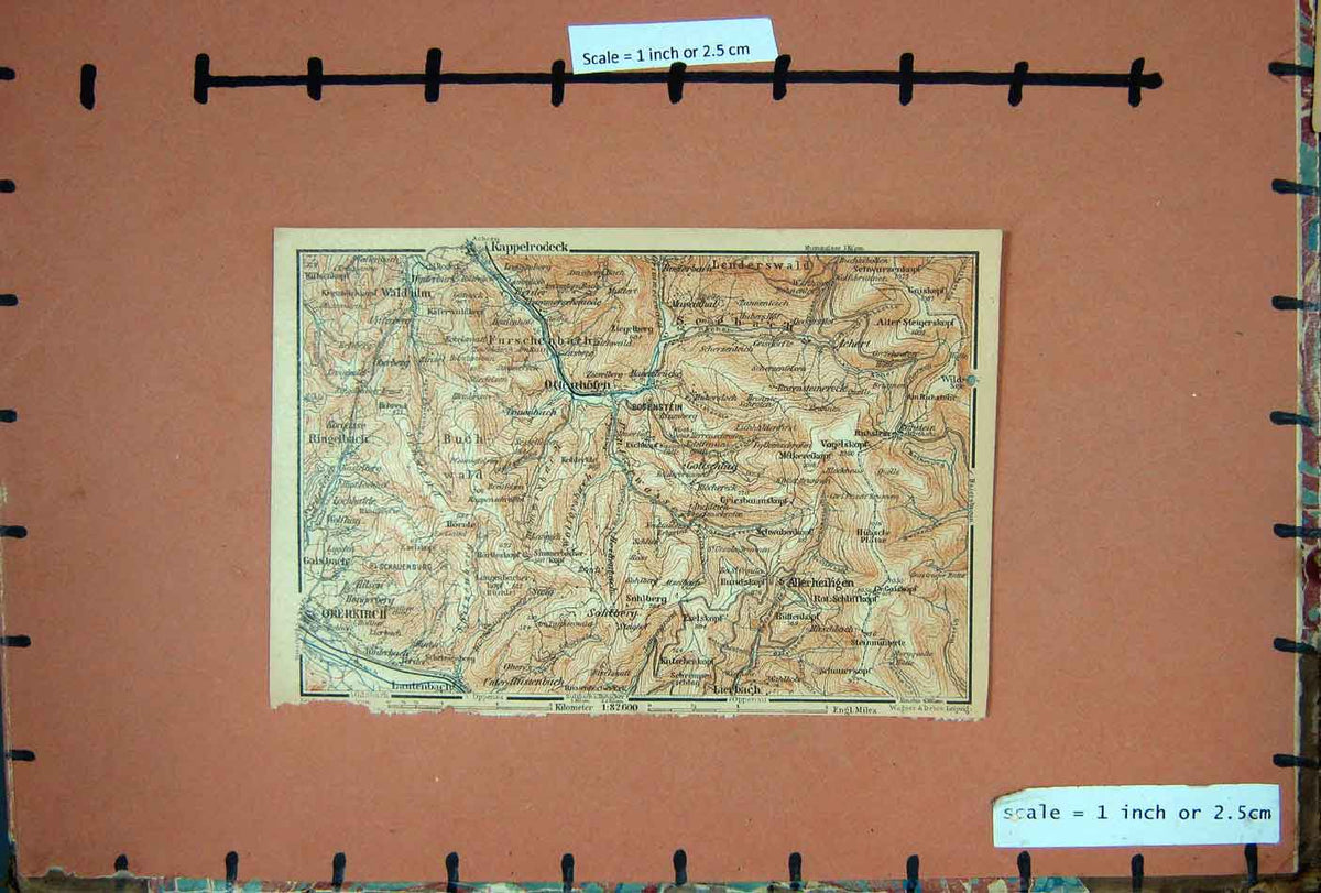 Original Old Antique Print Map 1900 Rhine Oberkirch Kappelrodeck Ringelbach