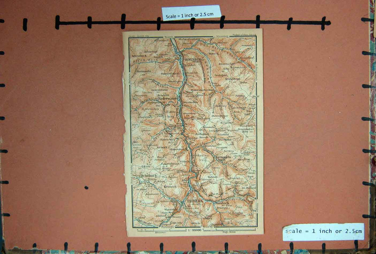 Original Old Antique Print Map 1900 Rhine Triberg Hornberg Schonach Kroneck