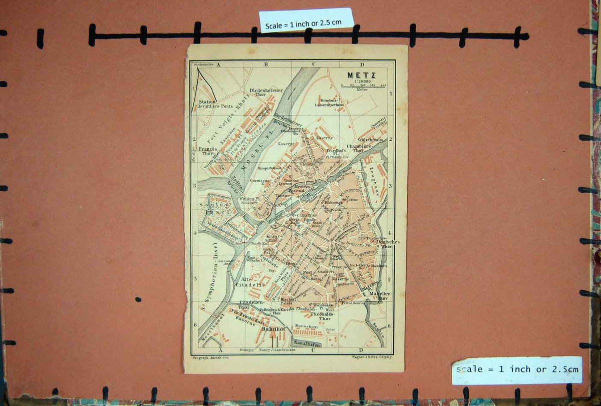 Original Old Antique Print Map 1900 Rhine Street Plan Town Metz Citadelle River