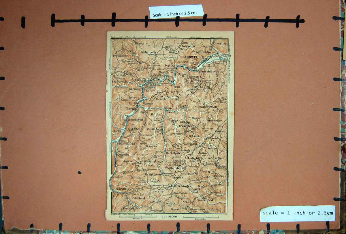 Original Old Antique Print Map 1900 Rhine Adenau Honningen Ahrweiler Kesseling