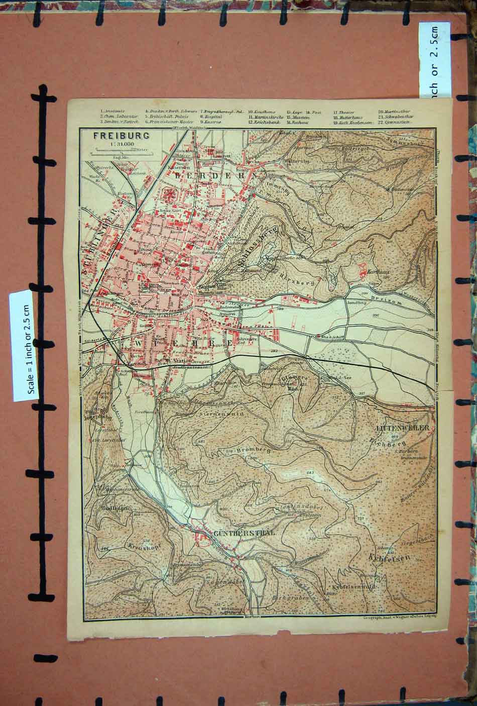 Old Antique Print Map 1900 Rhine Street Plan Town Freiburg Gunthersthal 20th