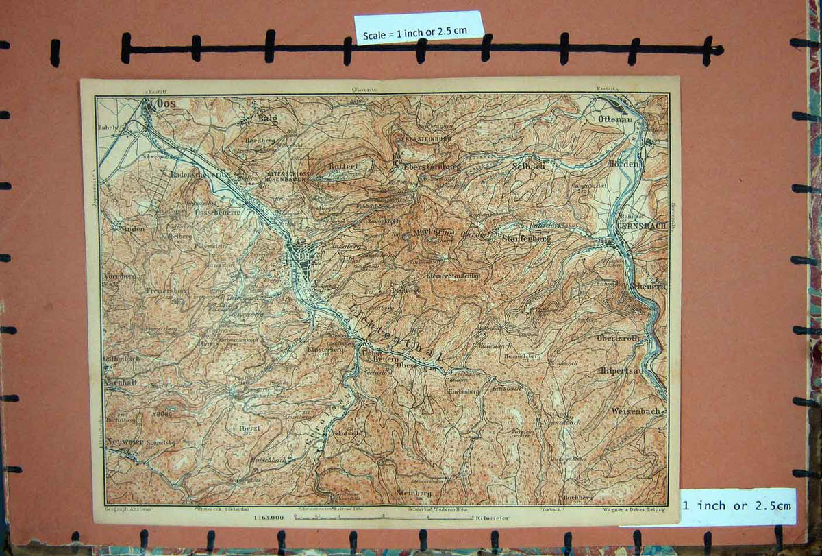 Original Old Antique Print Map 1900 Rhine Oos Balg Ottenau Gernsbach Scheuern
