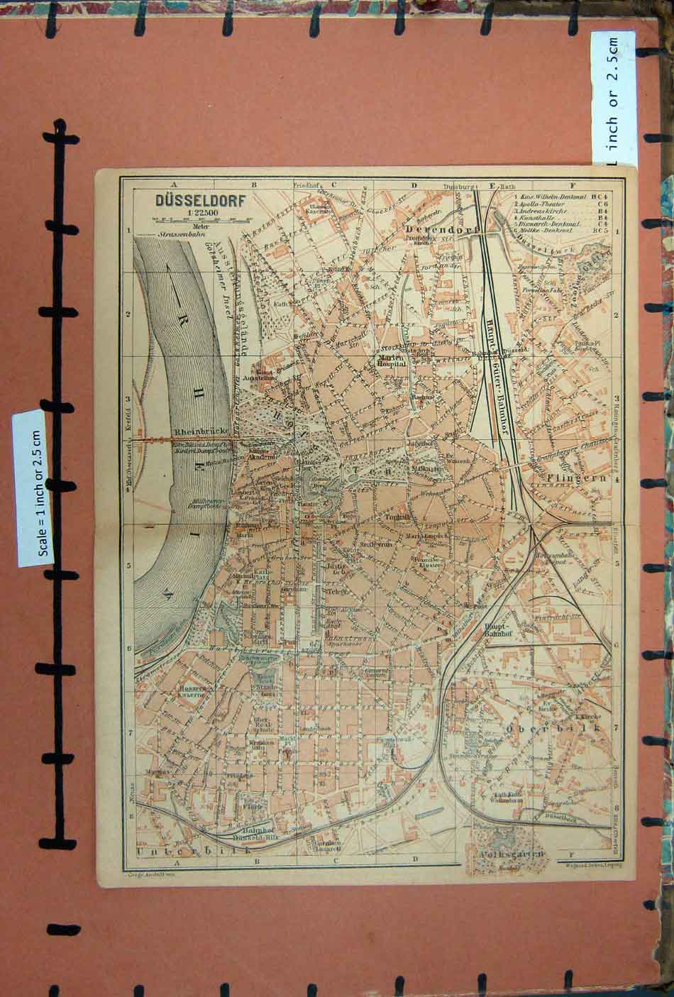 Original Old Antique Print Map 1900 Rhine Street Plan Dusseldorf Germany River