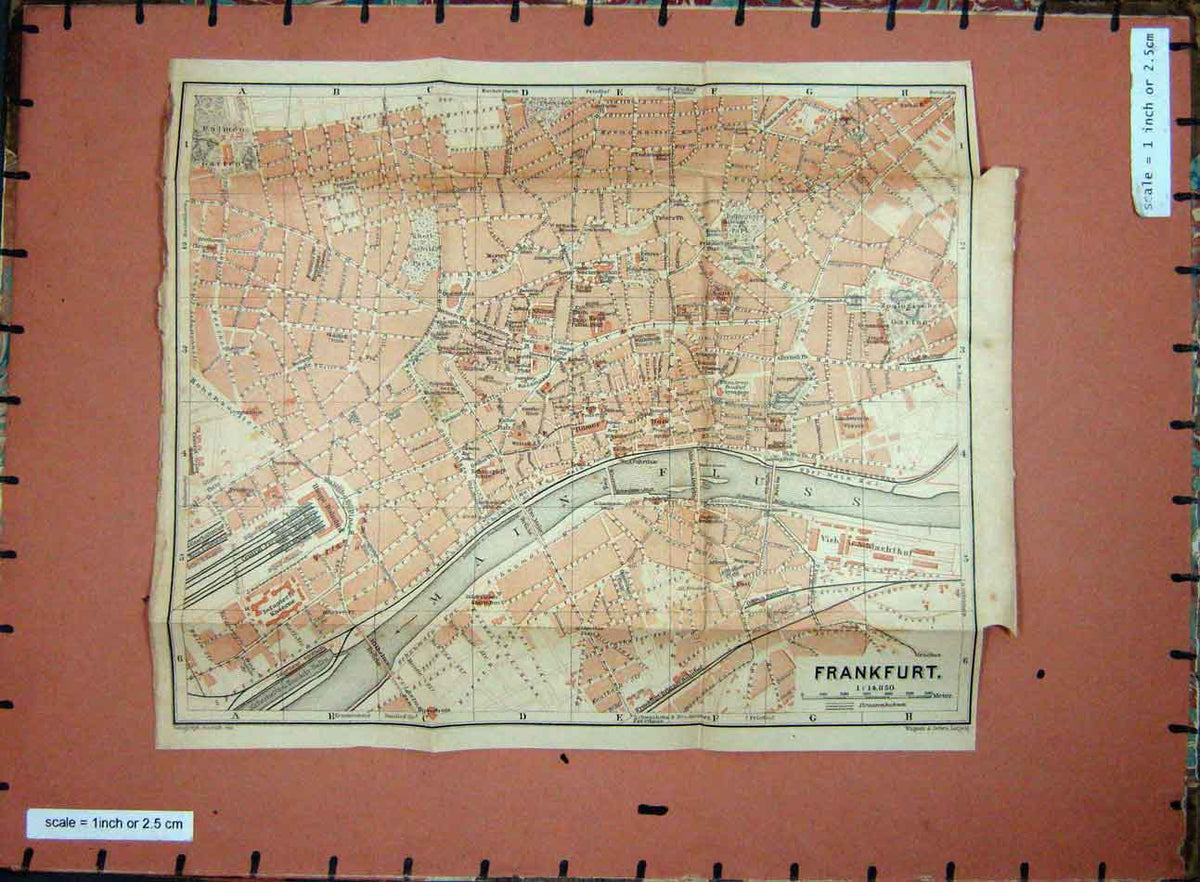Old Antique Print Map 1900 Rhine Street Plan Frankfurt Germany Main River 20th