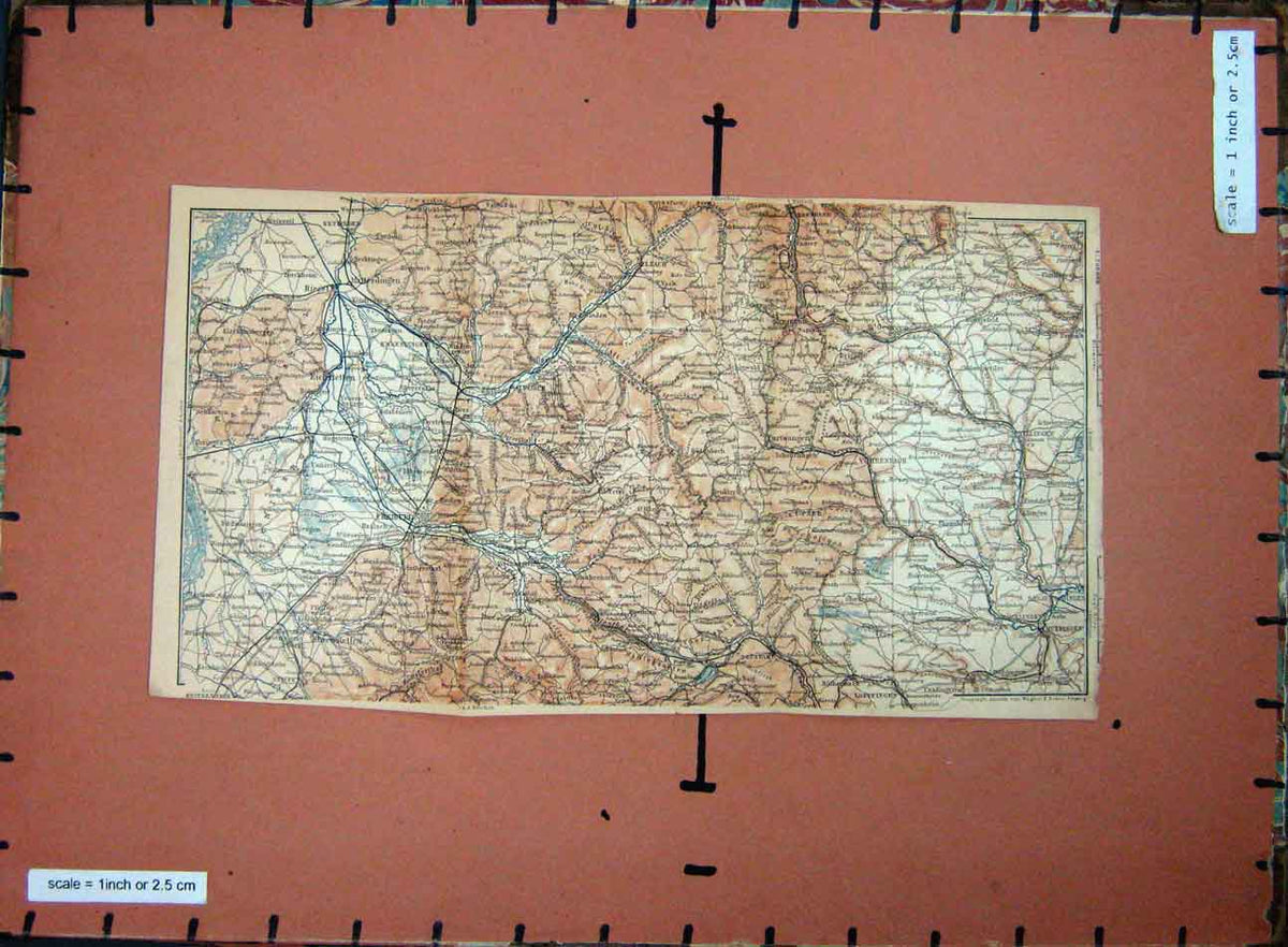 Old Antique Print Map 1900 Rhine Freiburg Riegel Matterdingen Villingen 20th