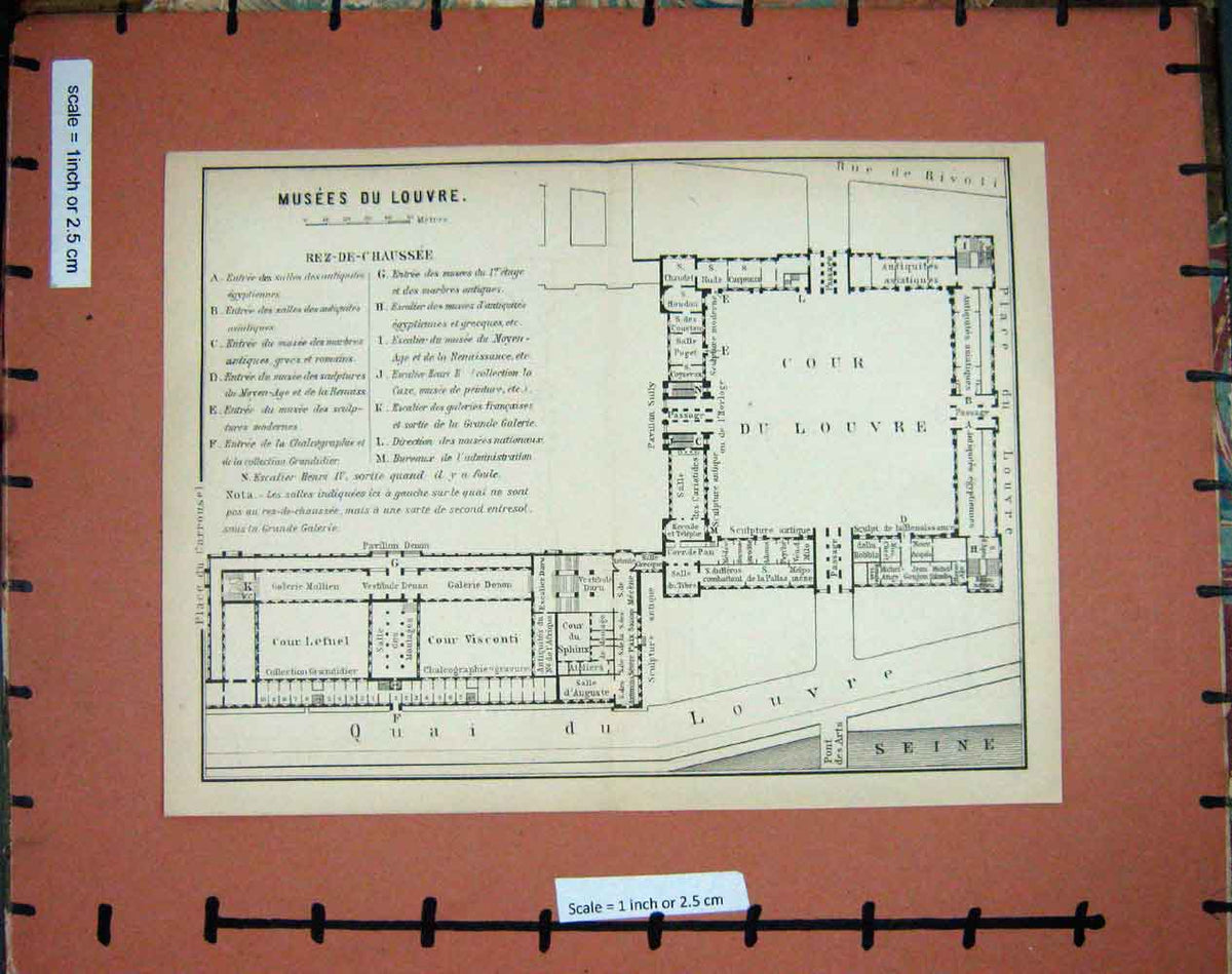 Original Old Antique Print Map France 1900 Plan Musee Du Louvre Seine Cour Quai