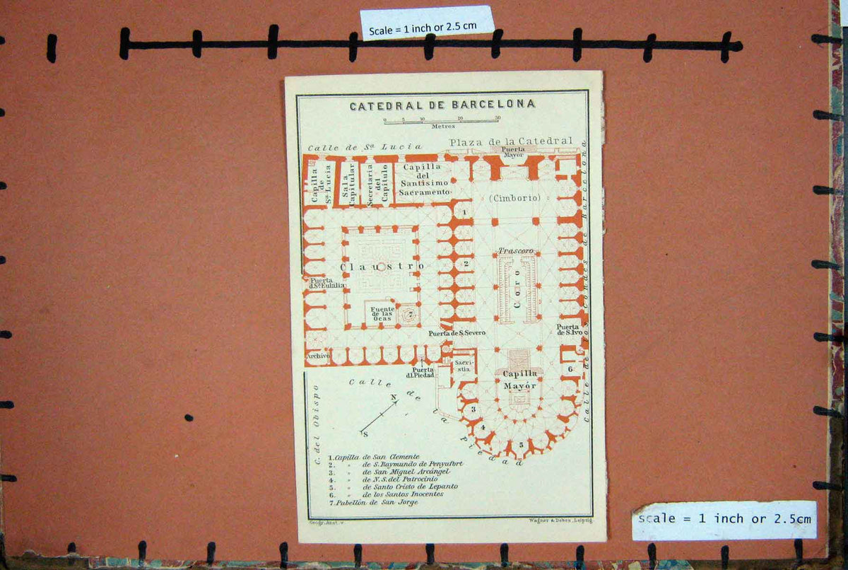 Old Antique Print Map Spain 1908 Plan Catedral De Barcelona Capilla Mayor 20th
