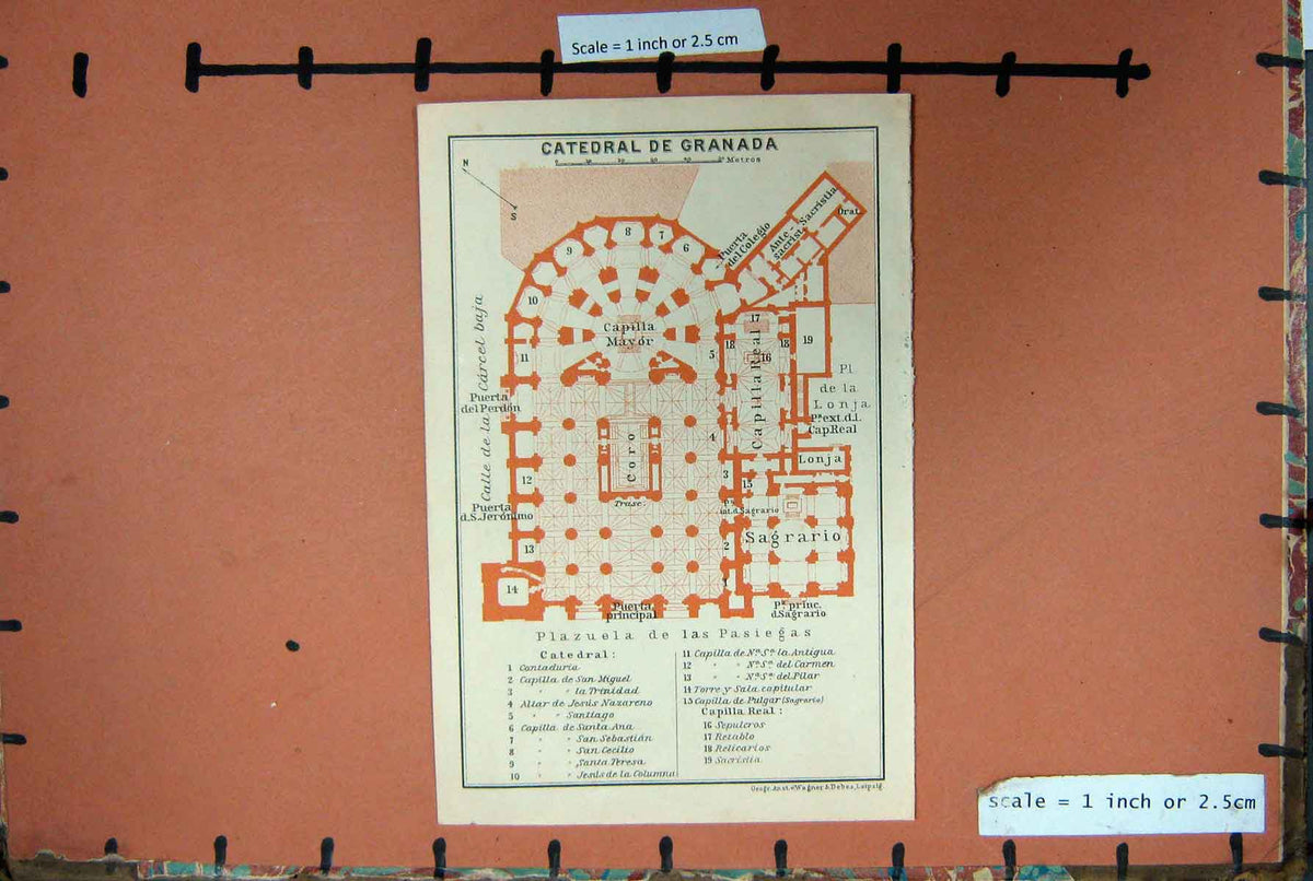 Old Antique Print Map Spain 1908 Plan Catedral De Granada Capilla Mayor 20th
