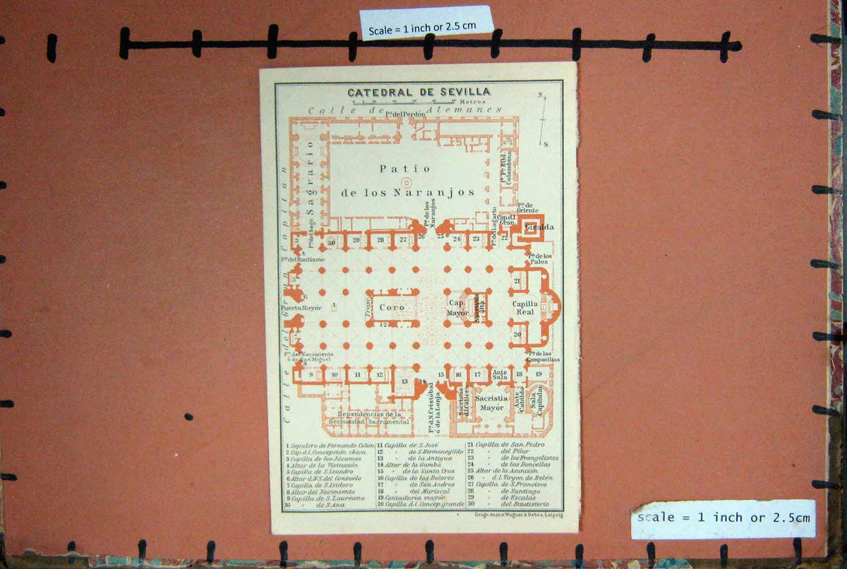 Old Antique Print Map Spain 1908 Plan Catedral De Sevilla Naranjos Coro 20th