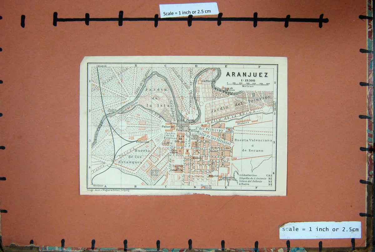 Original Old Antique Print Map Spain 1908 Street Plan Aranjuez Jardin La Isla