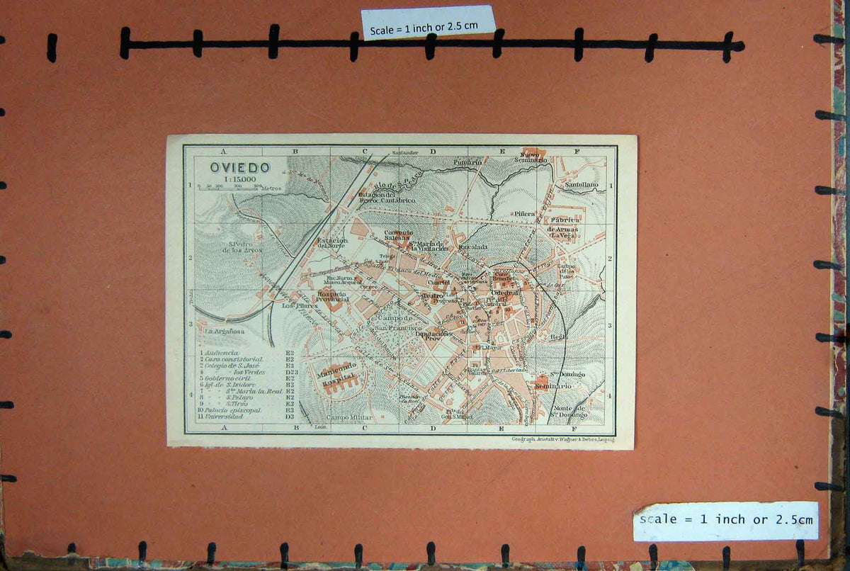 Original Old Antique Print Map Spain 1908 Street Plan Oviedo Hospital Seminario