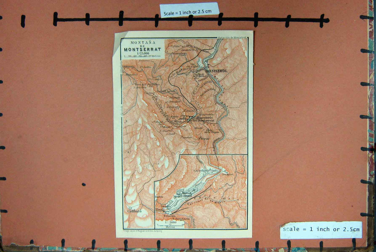 Original Old Antique Print Map Spain 1908 Montana Montserrat Monistrol Collbato