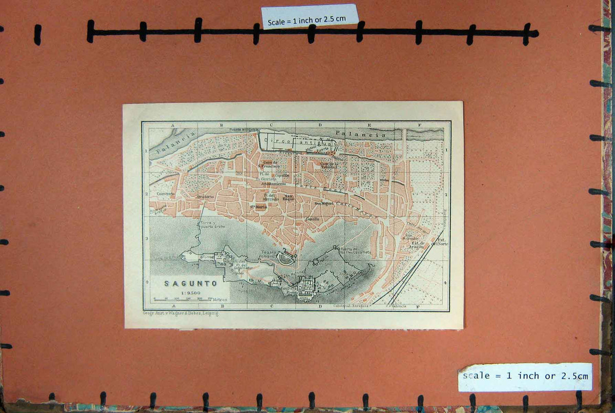 Original Old Antique Print Map Spain 1908 Street Plan Sagunto Palaneia River