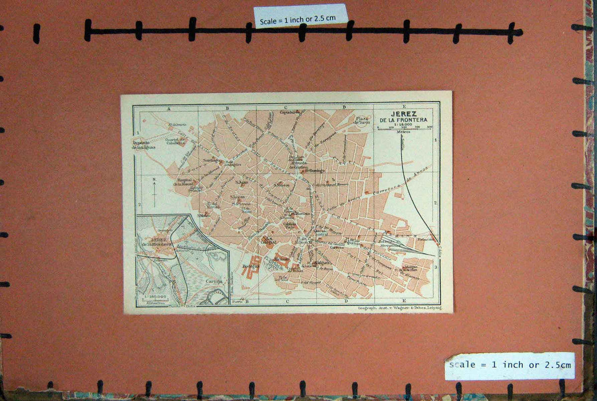 Old Antique Print Map Spain 1908 Street Plan Jerez De La Frontera Bodegas 20th