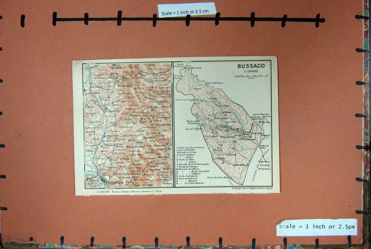 Old Antique Print Map Spain 1908 Plan Bussaco Coimbra Serra Fontinheira 20th