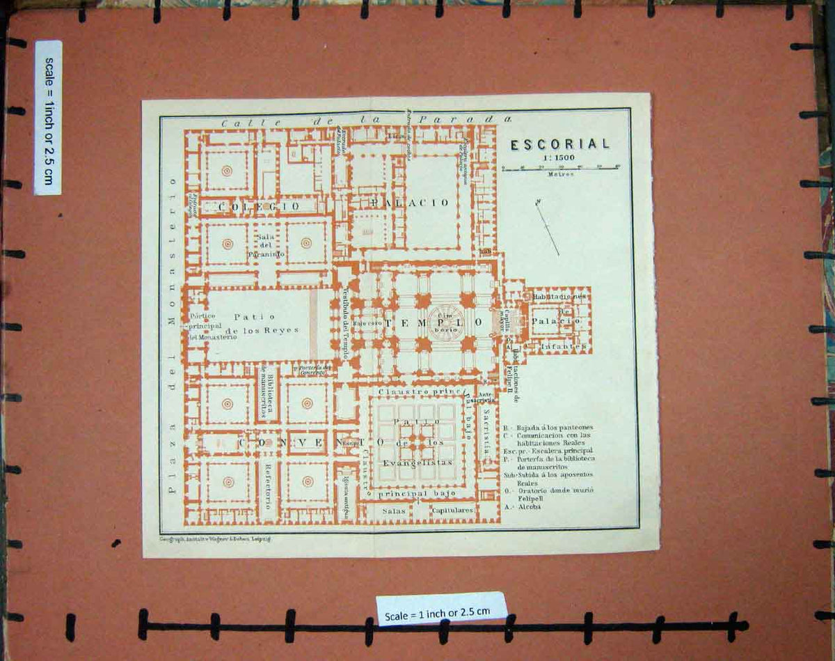 Original Old Antique Print Map Spain 1908 Plan Escorial Templo Monasterio Patio