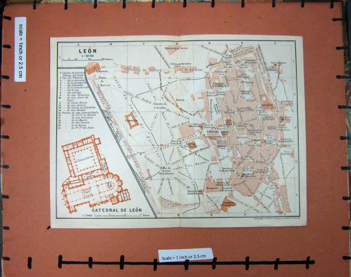 Original Old Antique Print Map Spain 1908 Street Plan Leon Catedral Cuarteles