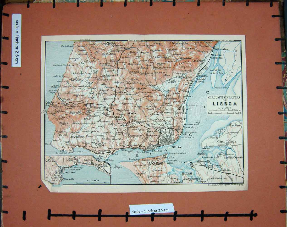 Original Old Antique Print Map Portugal Lisbon 1908 Cascaes Moita Aldea Gallega