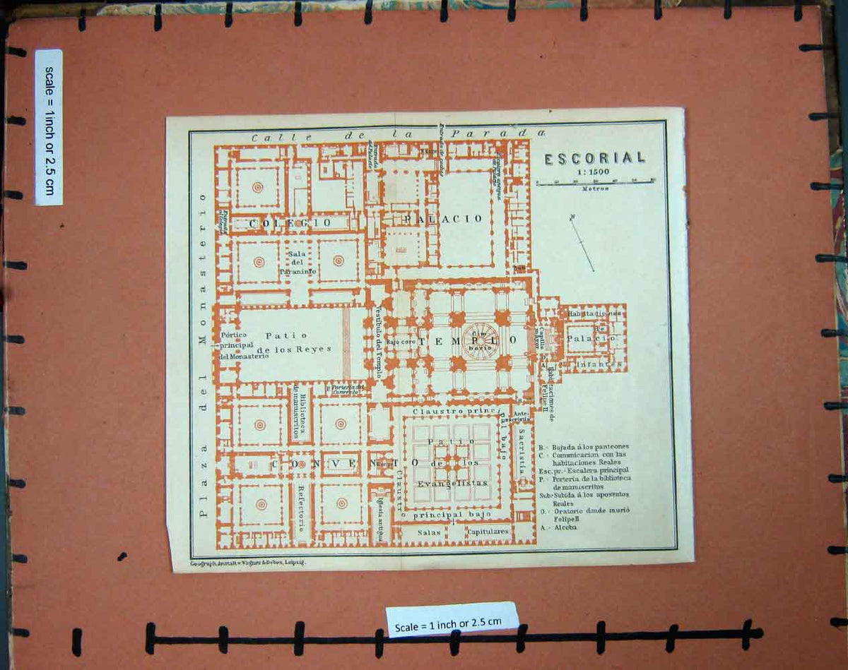 Original Old Antique Print Map Spain 1913 Plan Escorial Plaza Monasterio Templo