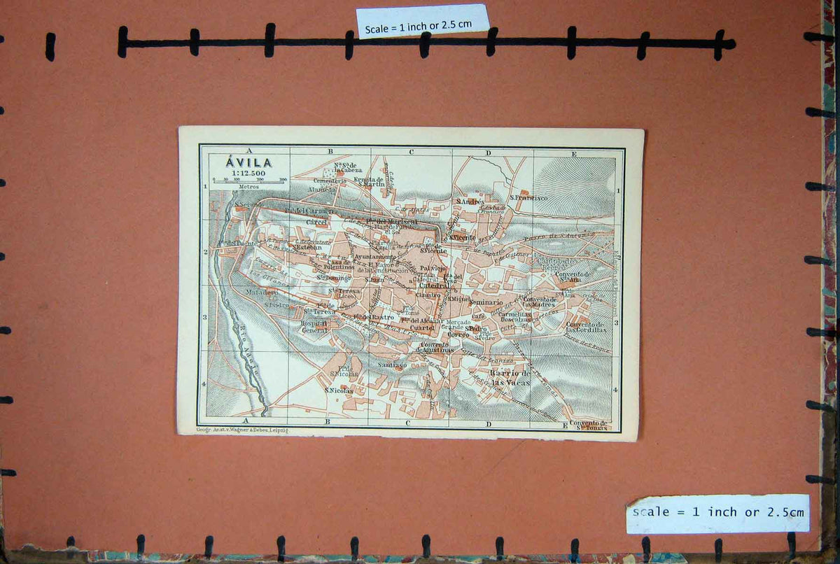 Original Old Antique Print Map Spain 1898 Street Plan Avila Barrio Las Vacas