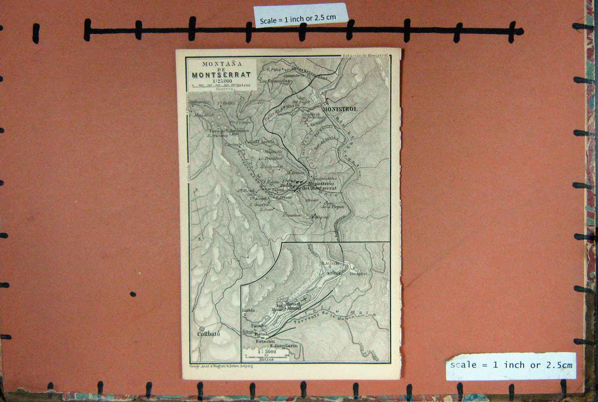 Original Old Antique Print Map Spain 1898 Montana Montserrat Monistrol Collbato