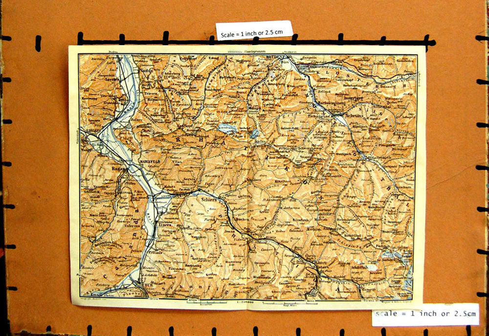 Original Old Vintage Print Map 1929 Tirol Schiers Koisters Zizers Vaduz Bludenz