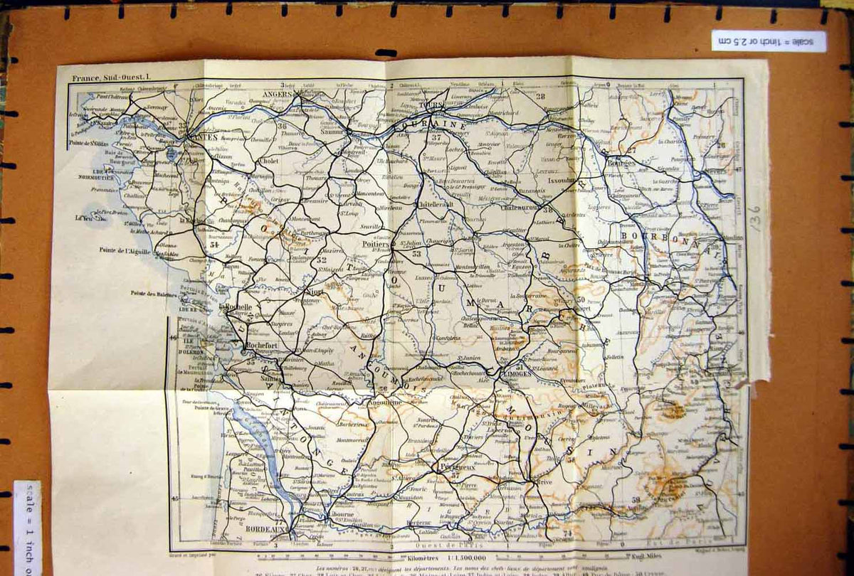 Old Antique Print Map 1906 Nantes Bordeaux France Nevers Tours Poitiers 20th