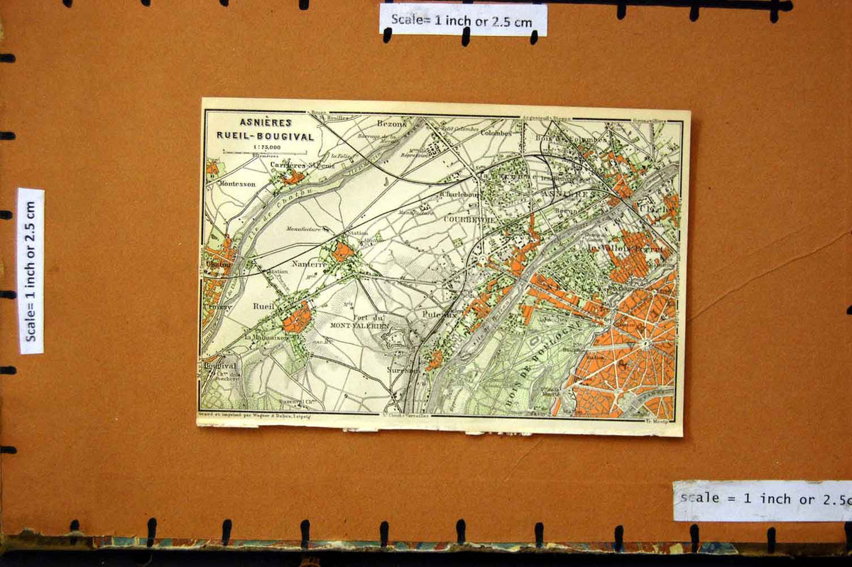Old Antique Print Map 1898 France Plan Asnieres Rueil-Bougival Boulogne 19th