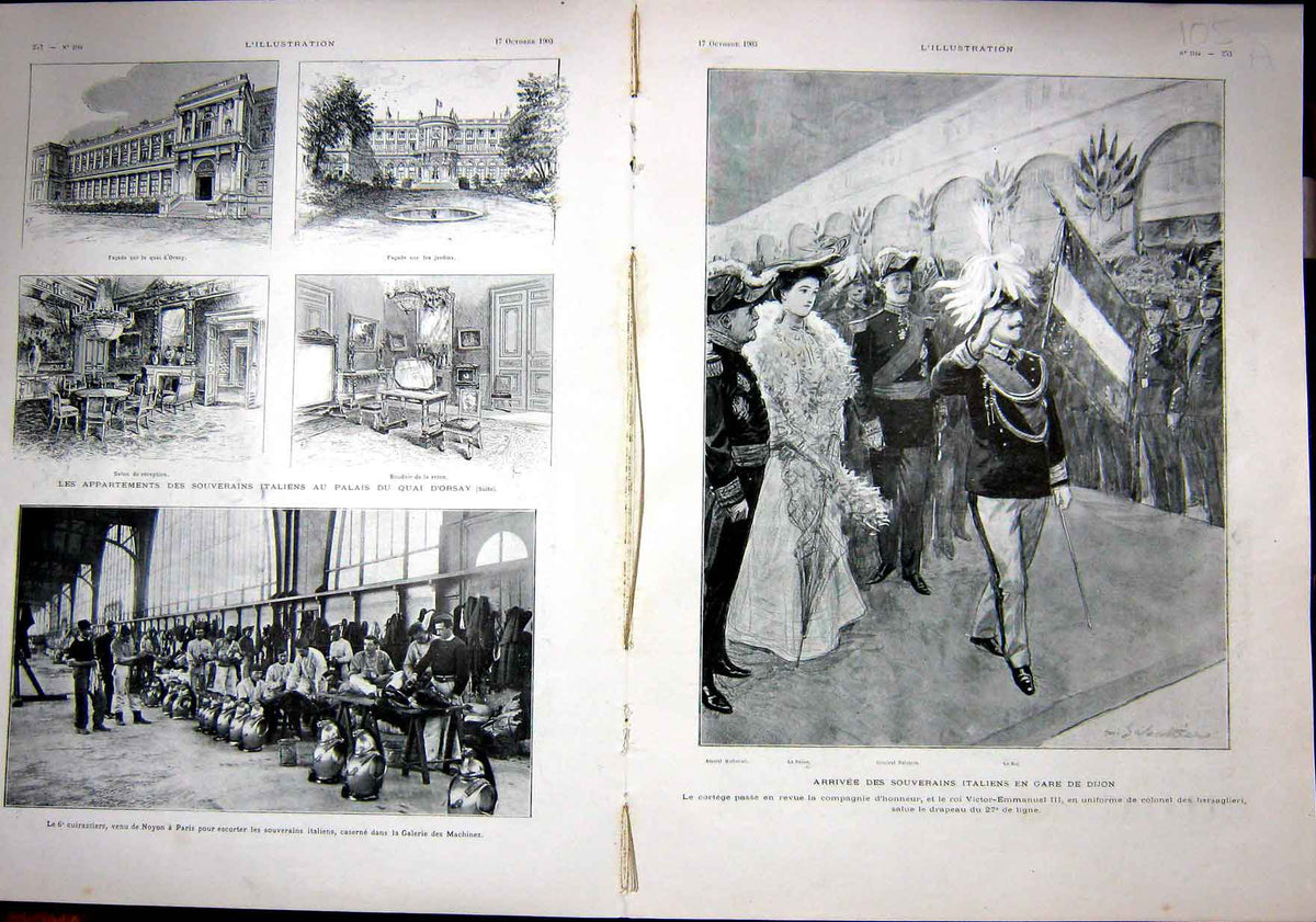 Original Old Antique Print Royal Italian King Wqeen Visit France French 1903
