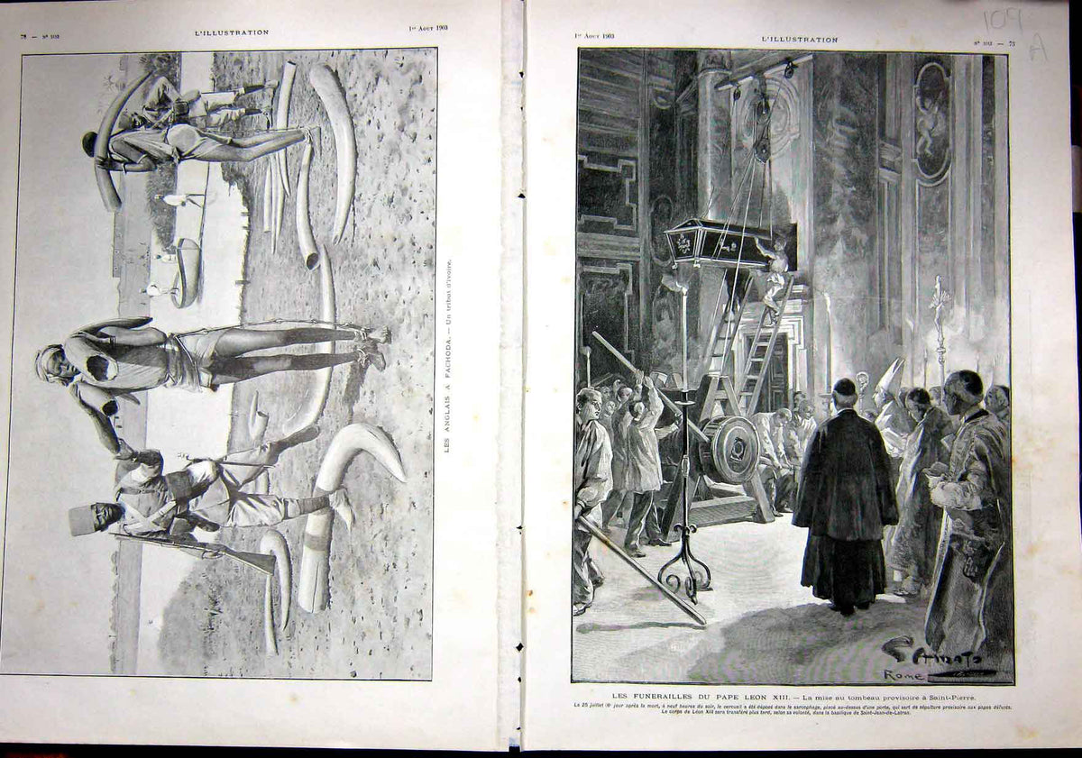 Original Old Antique Print Funeral Pope Leon Vatican Throne Rome French 1903