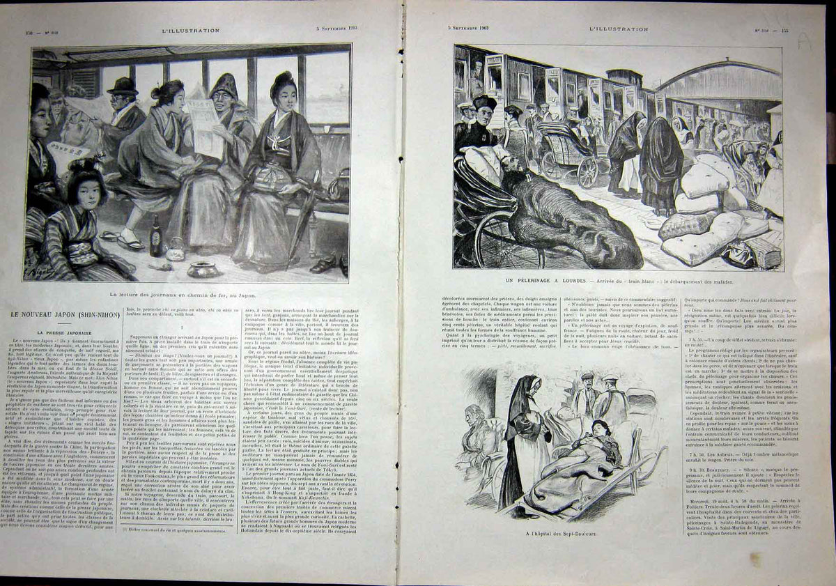 Original Old Antique Print Lourdes Hospital Pilgrimage Train French 1903 20th