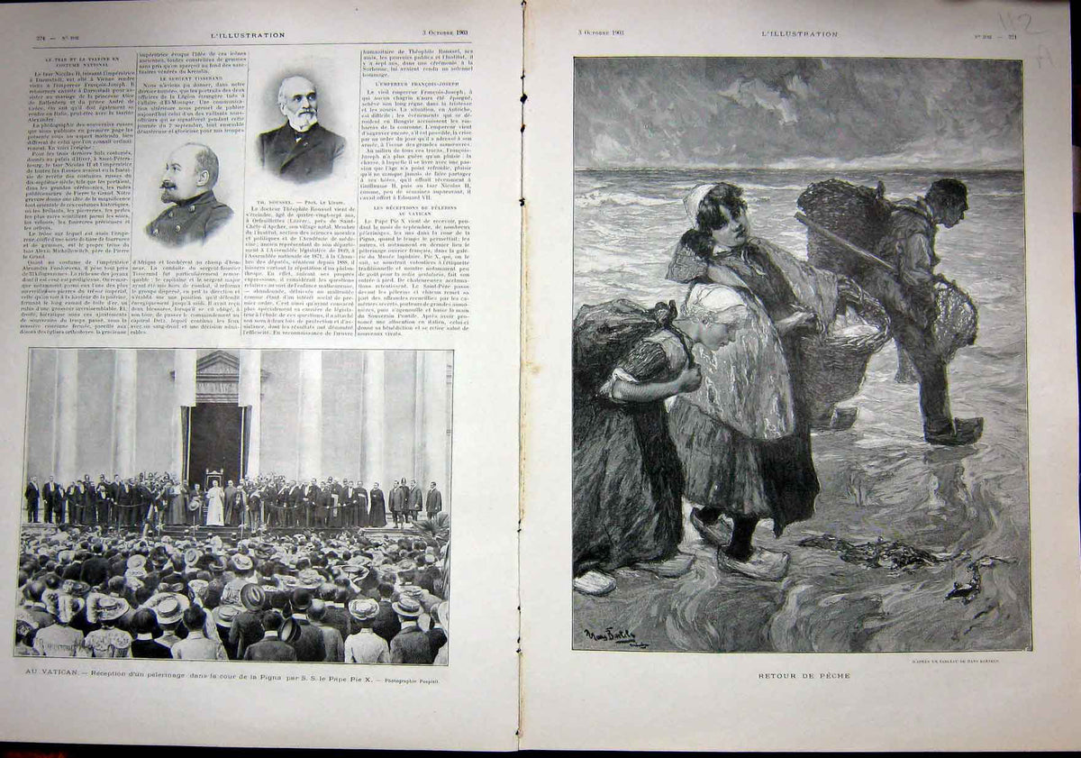Original Old Antique Print Fisherman Return Tobacco Field Farm Pope Leon 1903