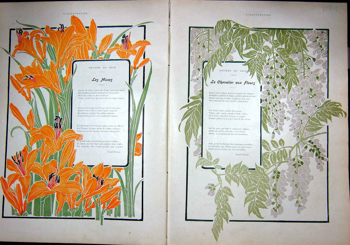 Original Old Antique Print Poetry Flowers Muses Poem Evening French 1903 20th