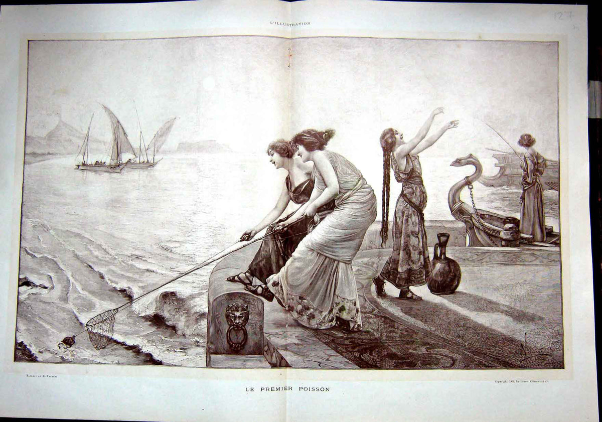 Original Old Antique Print First Fish Ladies Fishing Vasarre Art French 1903