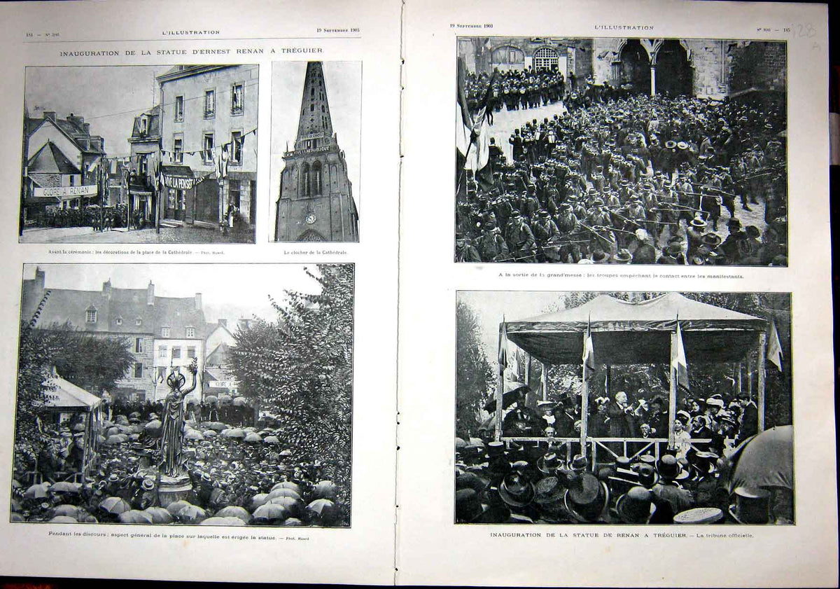 Original Old Antique Print Statue Renan Treguier Inauguration French 1903 20th