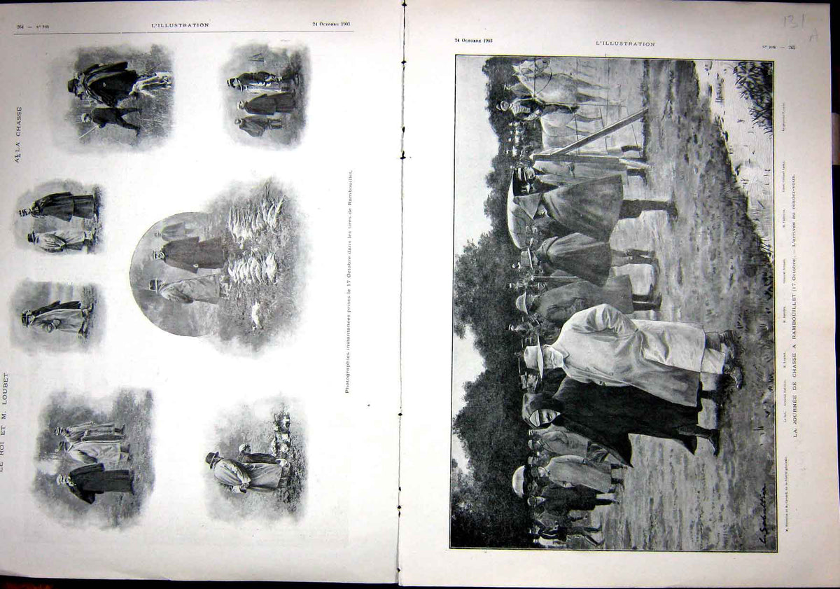 Original Old Antique Print Loubet Rambouillet Shoot France French 1903 20th