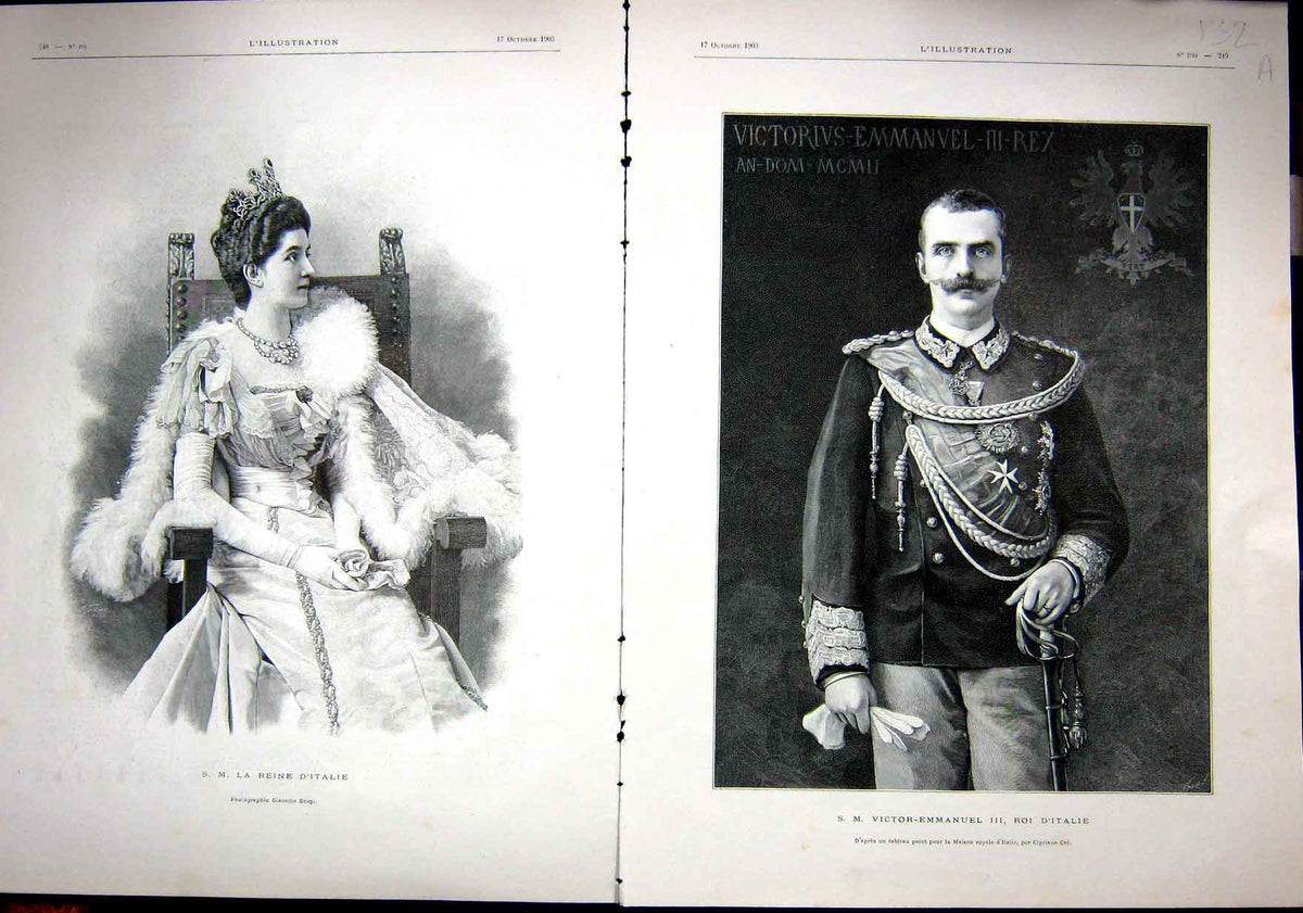 Original Old Antique Print Queen King Italy Victor-Emmanuel Royal French 1903