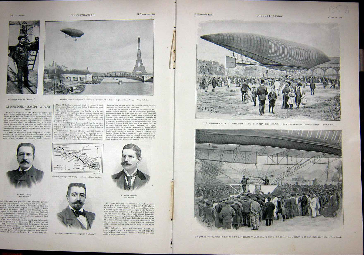 Original Old Antique Print Dirigeable Lebaudy Paris Zeppelin French 1903 20th